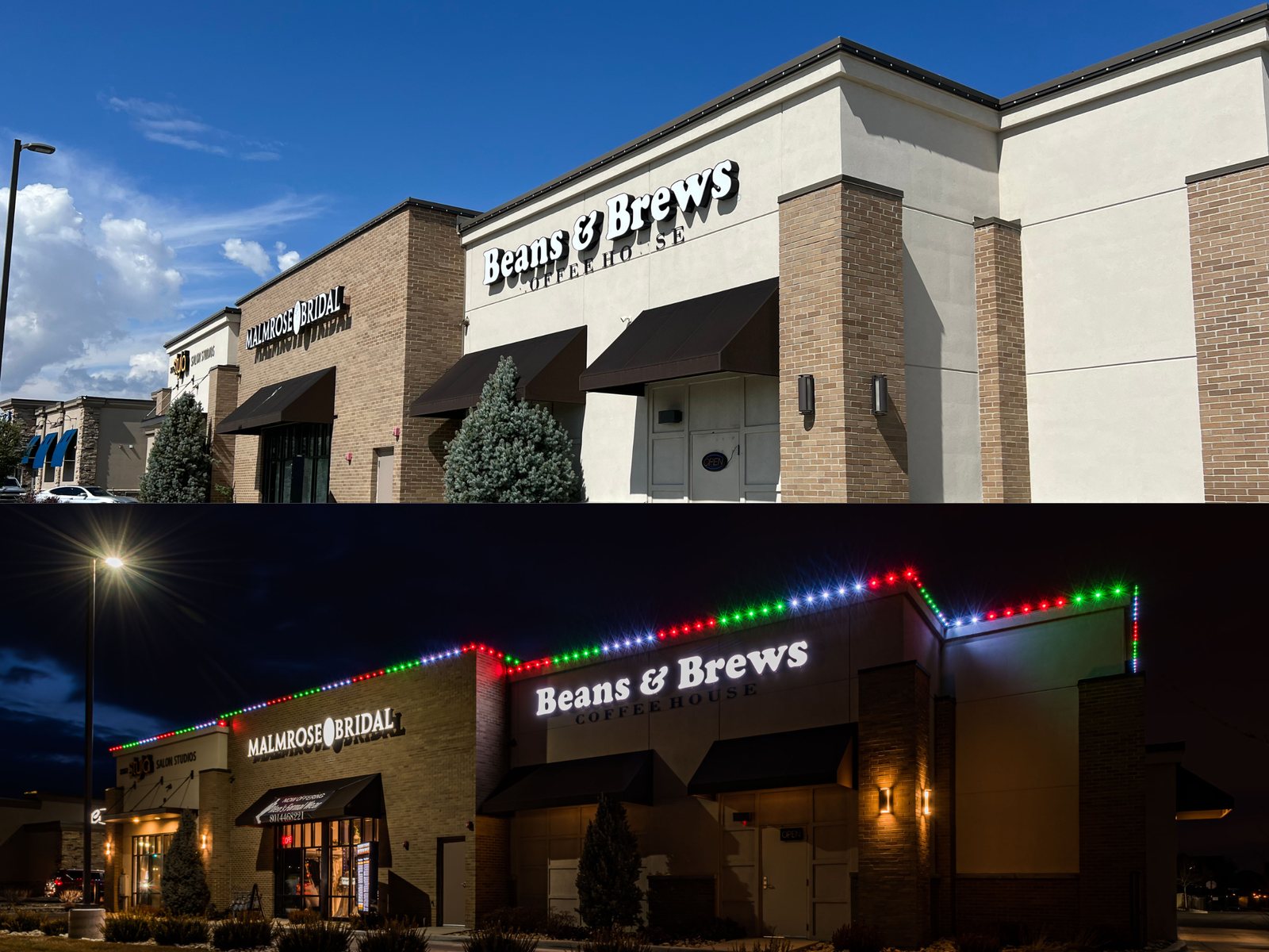A strip-mall storefront by day and the same building at night lit with permanent color roofline lighting